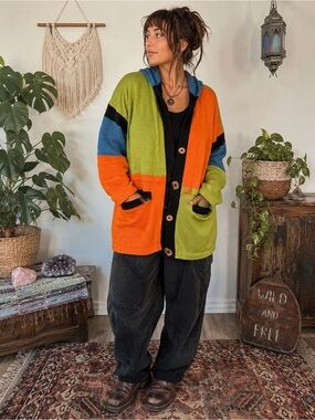 Artsy Lagenlook Handloomed USA Colorblock Hooded Oversized Knit Cardigan Jacket